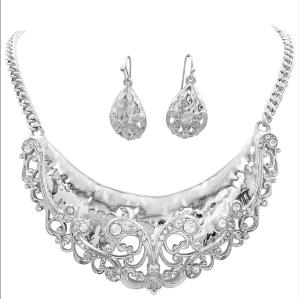 Classic Scroll Scoop Bib Necklace Earrings Set